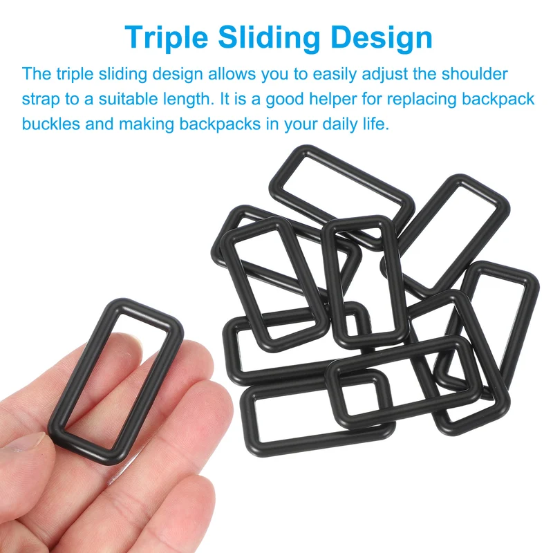 10 Pcs Metal Rectangle Rings Buckle, 38mm Slider Strap Fastener, Black