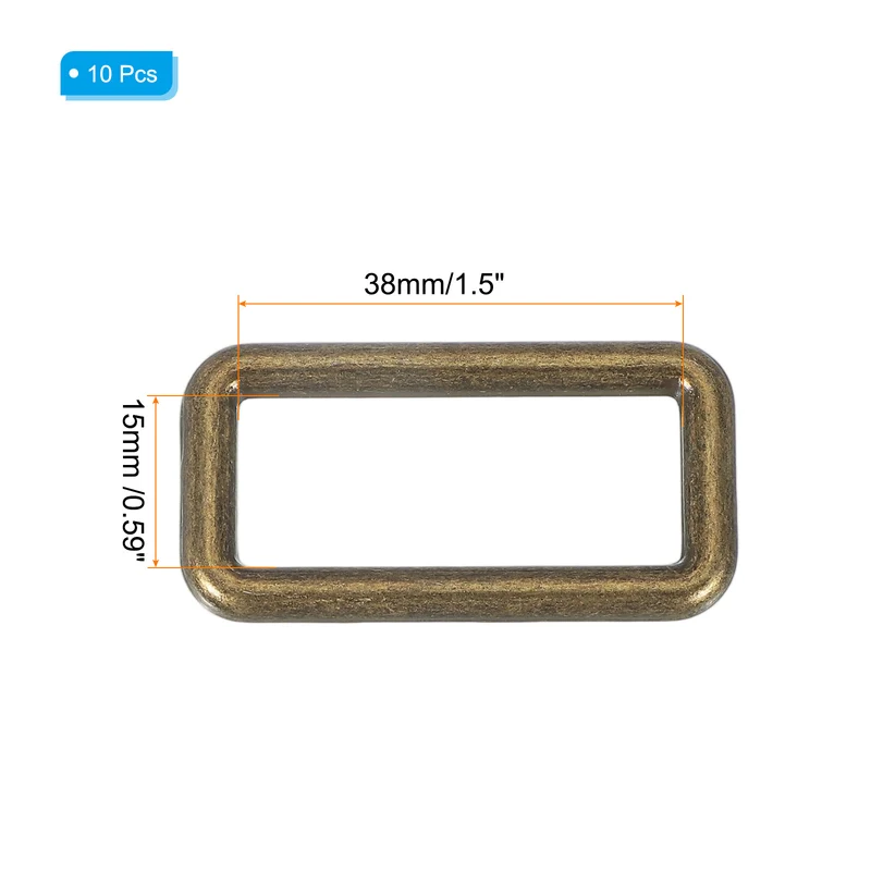 10 Pcs Metal Rectangle Rings Buckle, 38mm Slider Strap Fastener, Copper