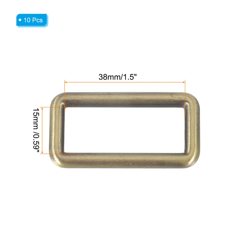 10 Pcs Metal Rectangle Rings Buckle, 38mm Slider Strap Fastener, Bronze