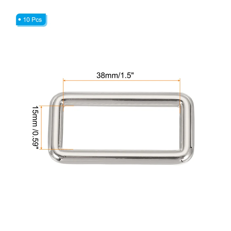 10 Pcs Metal Rectangle Rings Buckle, 38mm Slider Strap Fastener, Silver
