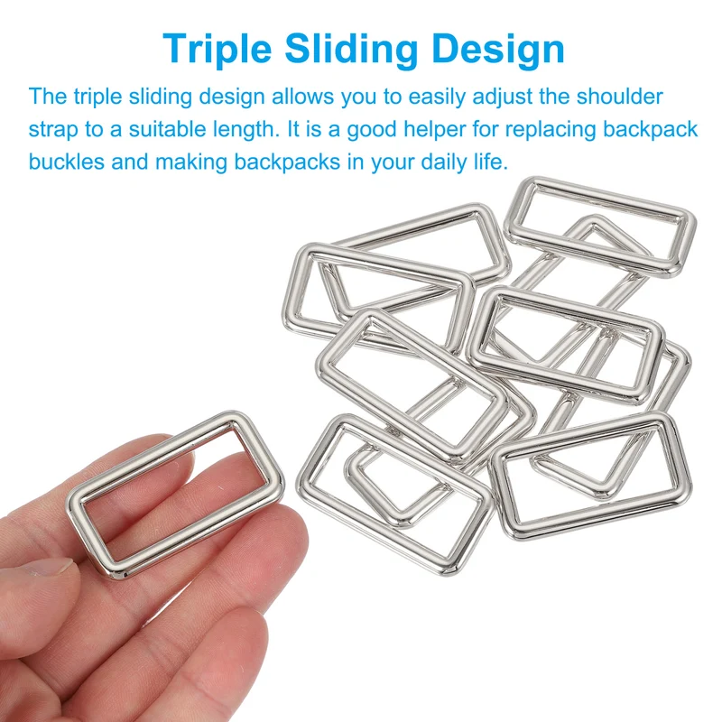 10 Pcs Metal Rectangle Rings Buckle, 38mm Slider Strap Fastener, Silver