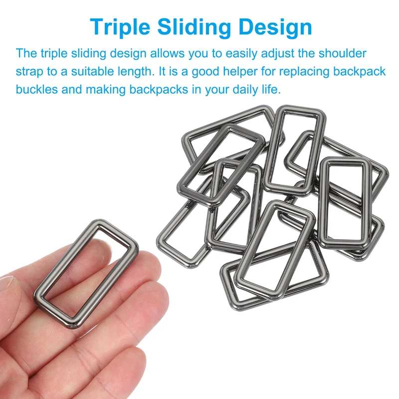 10 Pcs Metal Rectangle Rings Buckle, 38mm Slider Strap Fastener, Bright Black