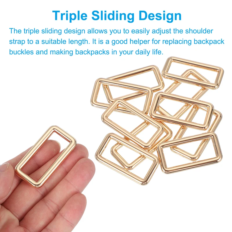 10 Pcs Metal Rectangle Rings Buckle, 38mm Slider Strap Fastener, Gold