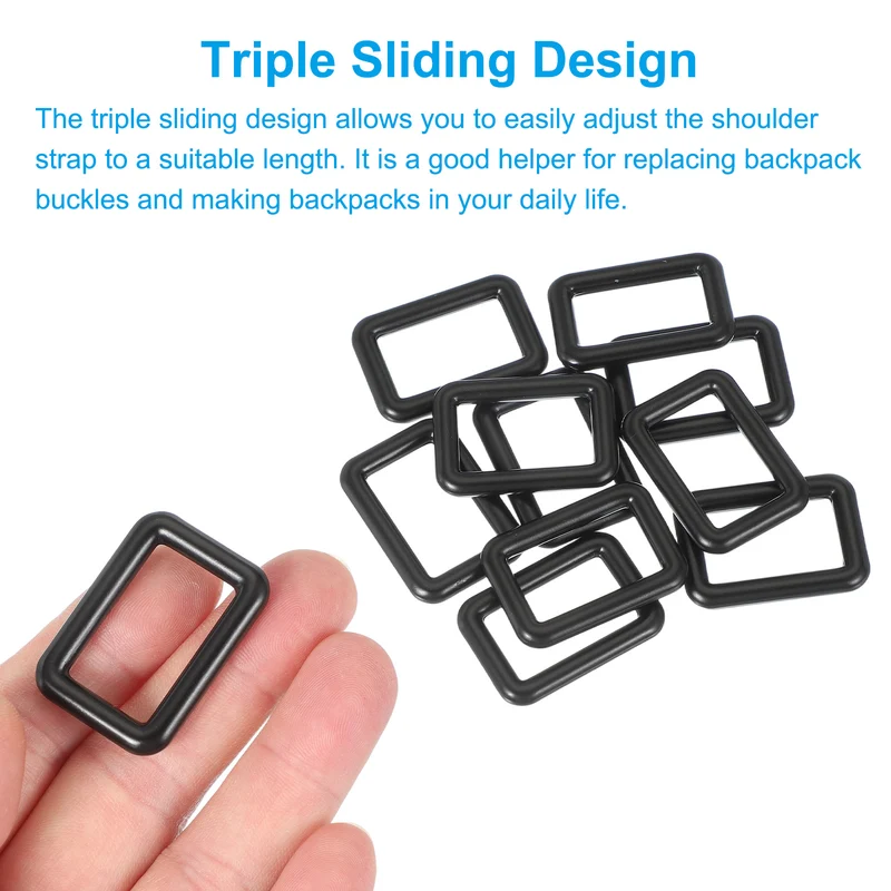 10 Pcs Metal Rectangle Rings Buckle, 25mm Slider Strap Fastener, Black
