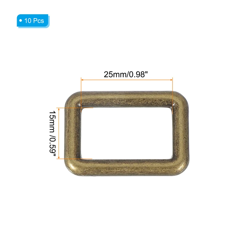 10 Pcs Metal Rectangle Rings Buckle, 25mm Slider Strap Fastener, Copper