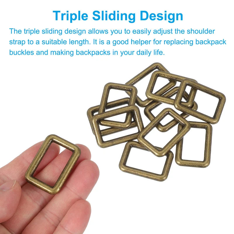 10 Pcs Metal Rectangle Rings Buckle, 25mm Slider Strap Fastener, Copper