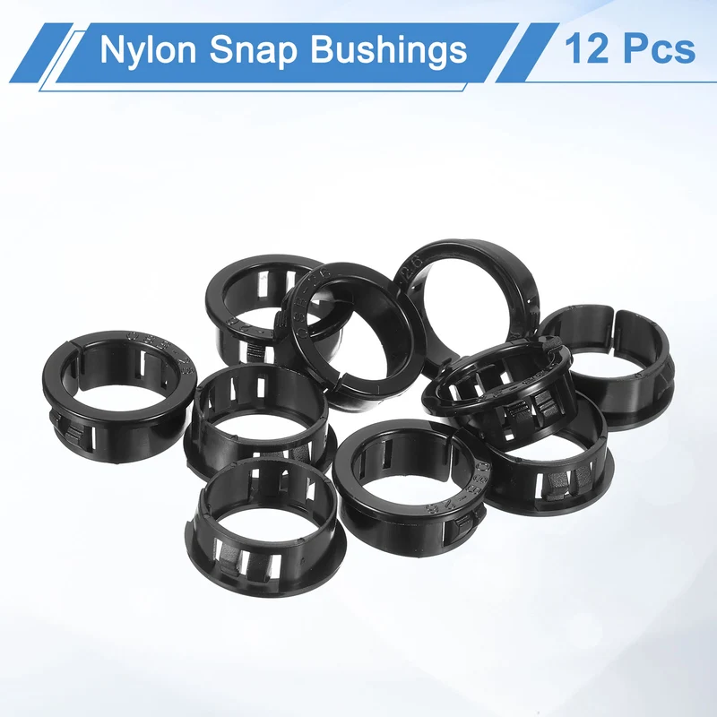 12Pcs 1" Mounting Dia Opened Snap Bushing Black Round Nylon Snap in Cable