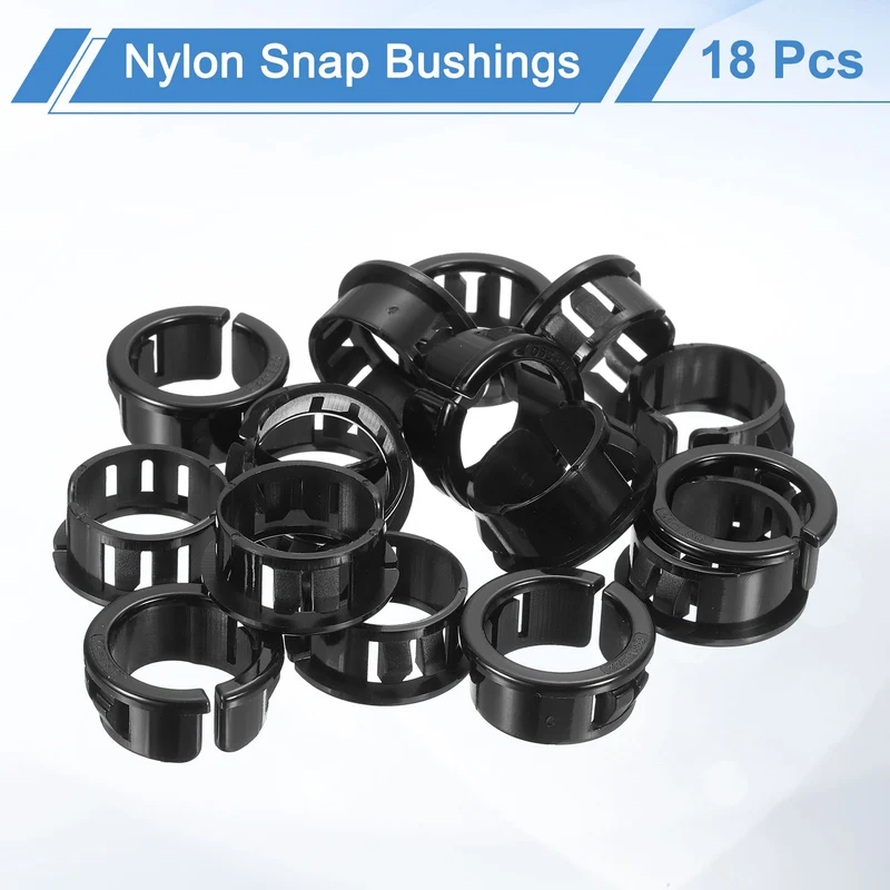 18 Pcs 13/16" Mounting Dia Opened Snap Bushing - Black Round Nylon Snap in Cable