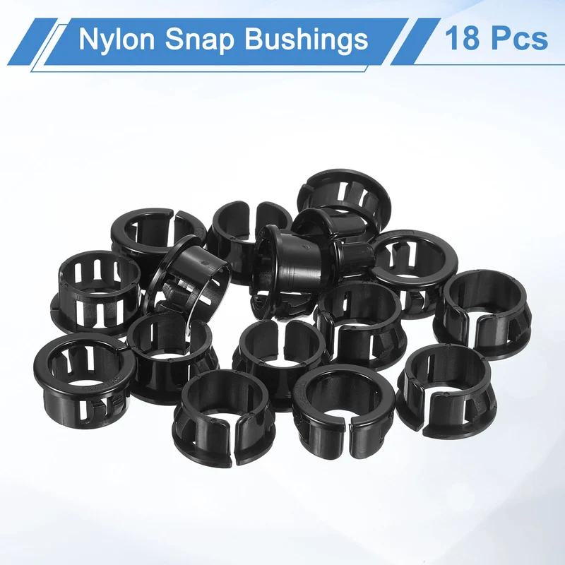 18 Pcs 3/4" Mounting Dia Opened Snap Bushing - Black Round Nylon Snap in Cable