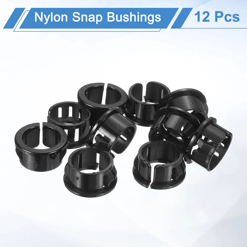 12 Pcs 3/4" Mounting Dia Opened Snap Bushing - Black Round Nylon Snap in Cable