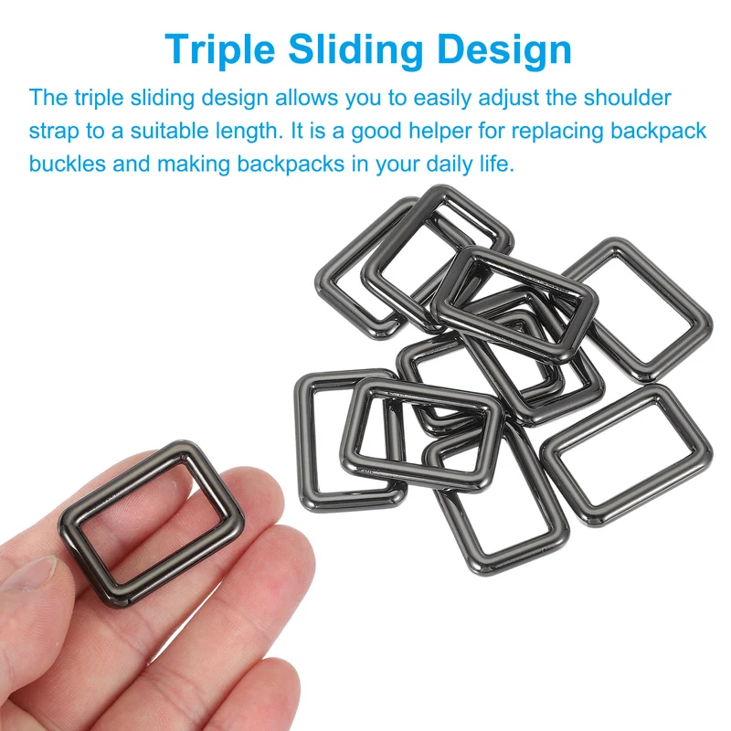 10 Pcs Metal Rectangle Rings Buckle, 25mm Slider Strap Fastener, Bright Black