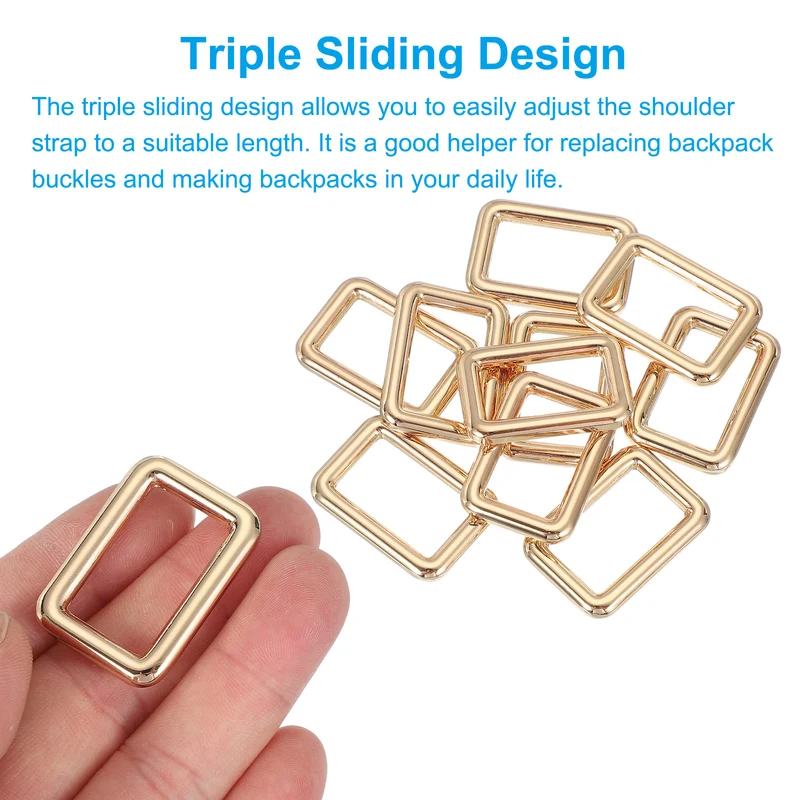 10 Pcs Metal Rectangle Rings Buckle, 25mm Slider Strap Fastener, Gold