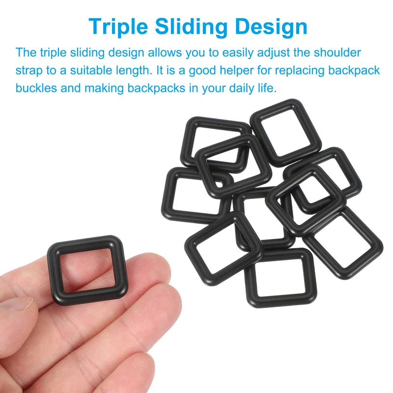 10 Pcs Metal Rectangle Rings Buckle, 19mm Slider Strap Fastener, Black