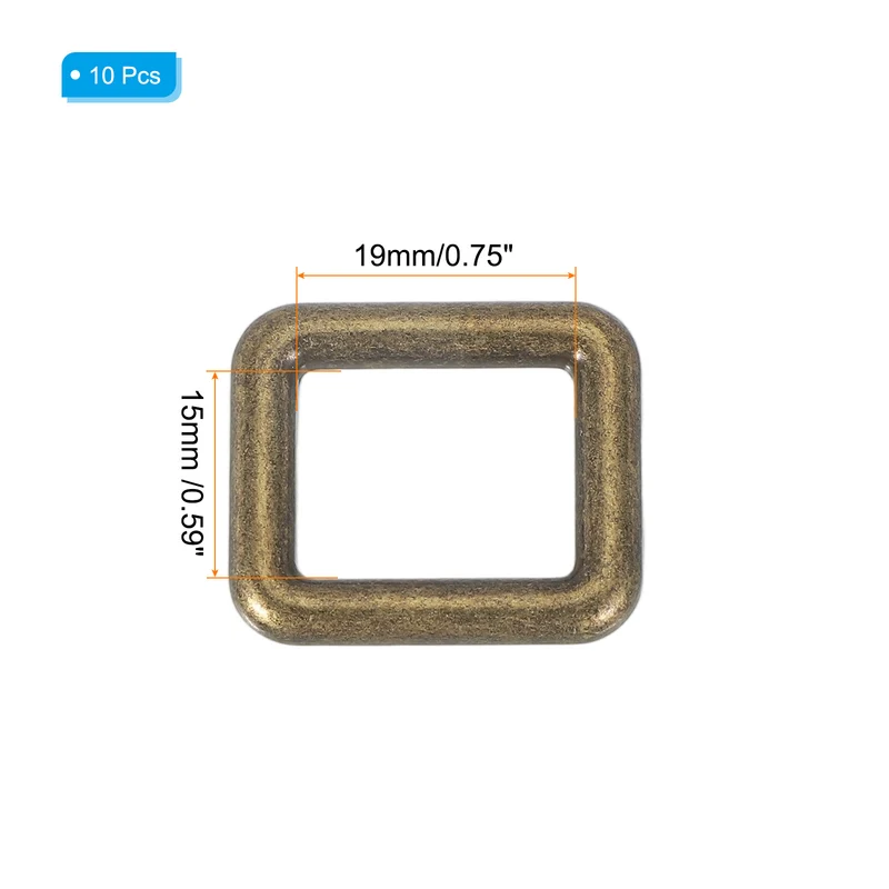 10 Pcs Metal Rectangle Rings Buckle, 19mm Slider Strap Fastener, Copper