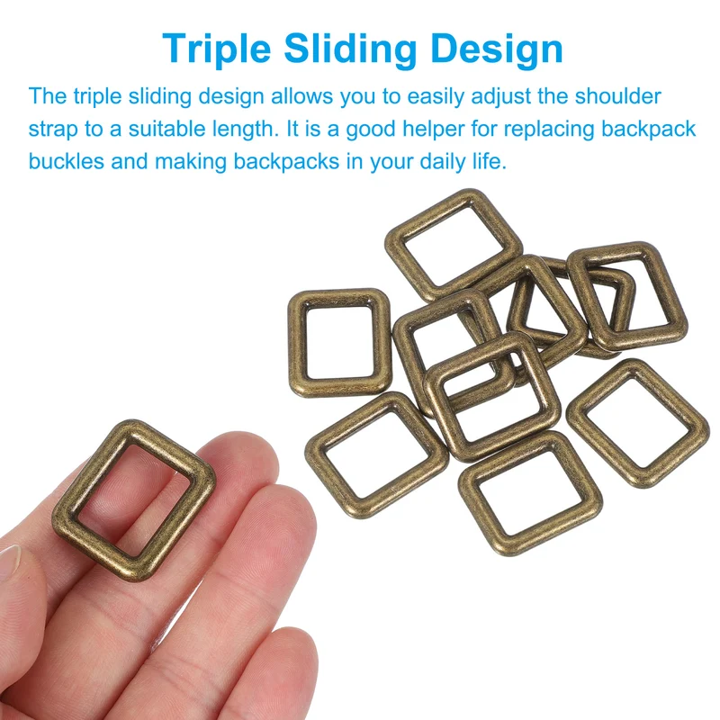 10 Pcs Metal Rectangle Rings Buckle, 19mm Slider Strap Fastener, Copper