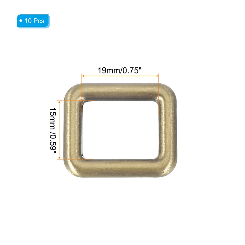 10 Pcs Metal Rectangle Rings Buckle, 19mm Slider Strap Fastener, Bronze