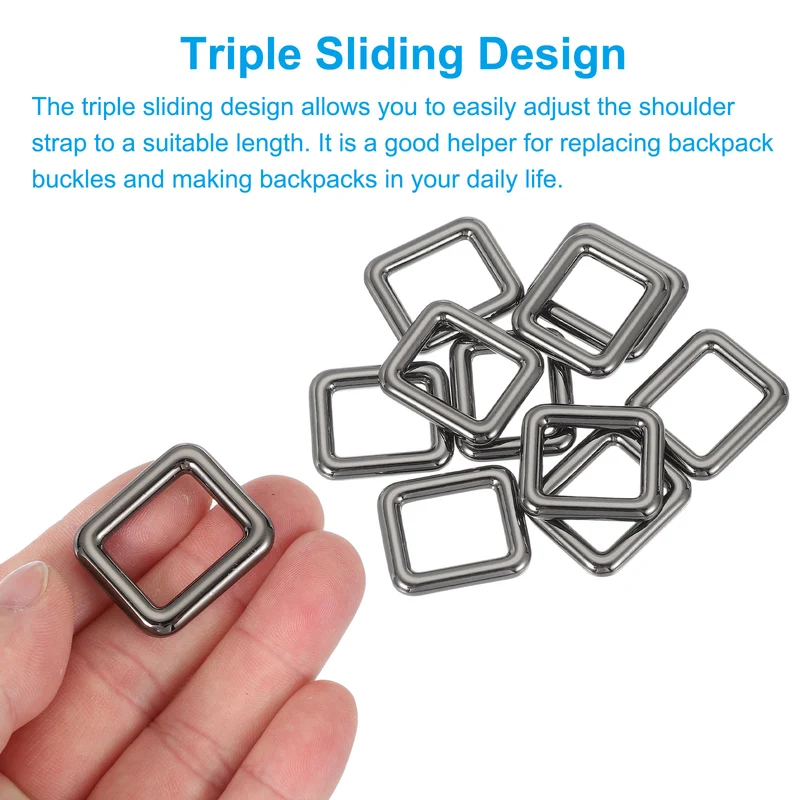 10 Pcs Metal Rectangle Rings Buckle, 19mm Slider Strap Fastener, Bright Black