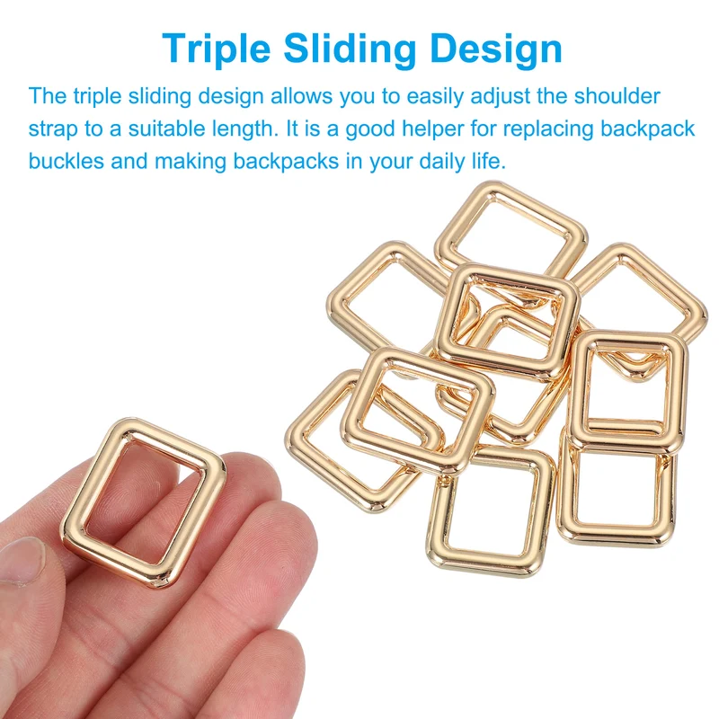 10 Pcs Metal Rectangle Rings Buckle, 19mm Slider Strap Fastener, Gold