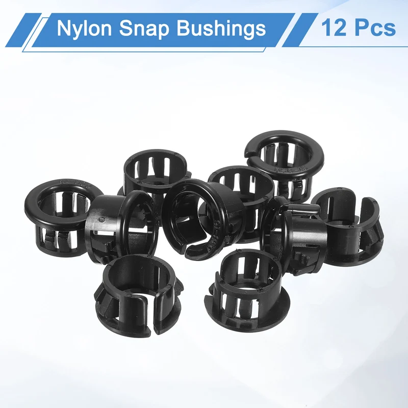 12 Pcs 5/8" Mounting Dia Opened Snap Bushing - Black Round Nylon Snap in Cable
