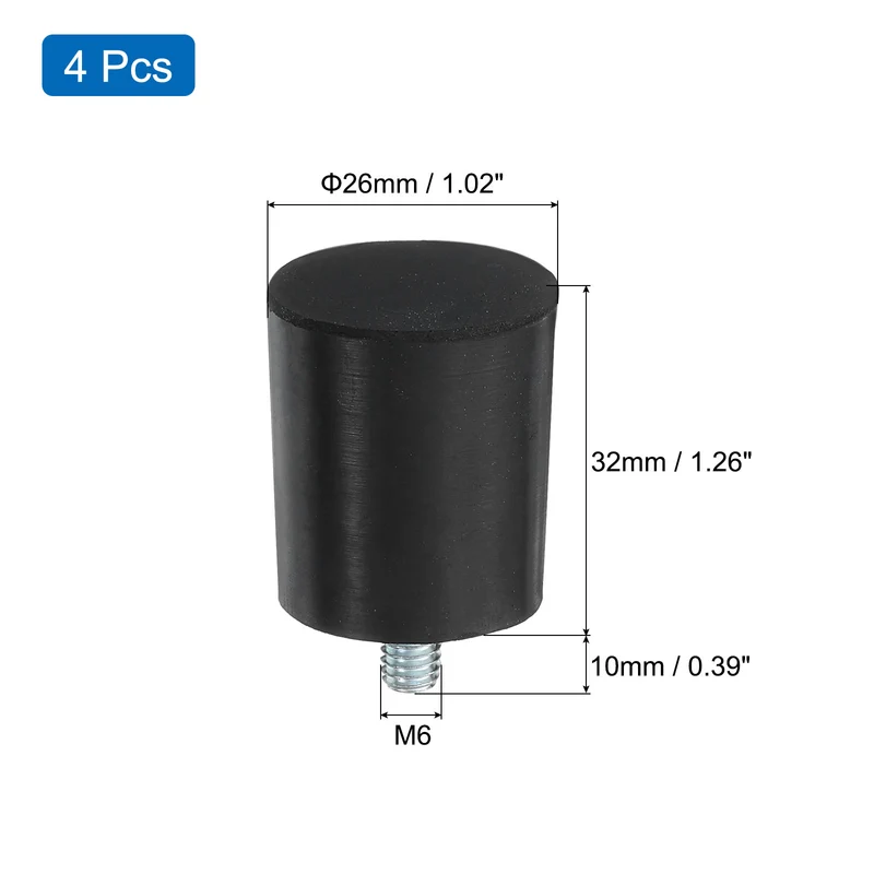 4Pcs Thread Levelling Feet 1.02"x1.26" with M6x10mm Studs Black