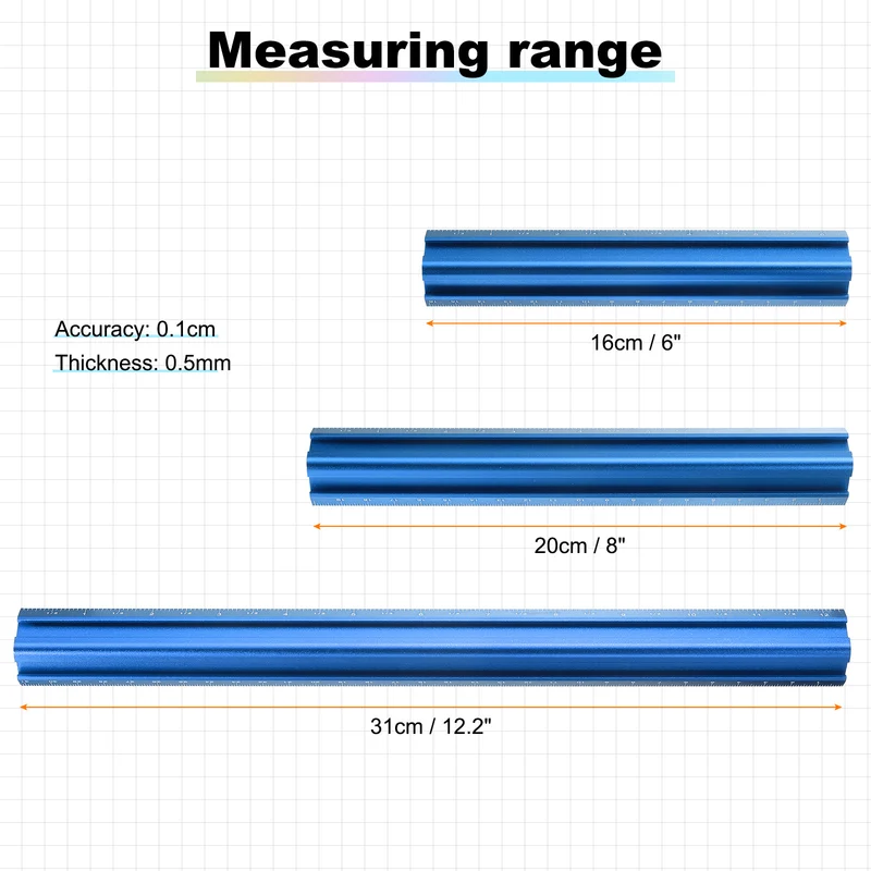 3pcs Woodworking Edge Ruler Set 16/20/30cm 90° V Shaped Straight Ruler, Blue