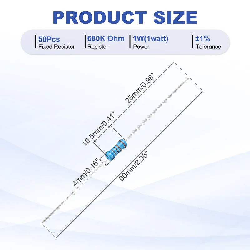 680K Ohm Resistor, 50Pcs 1W Metal Film Fixed Resistor 1% Tolerance