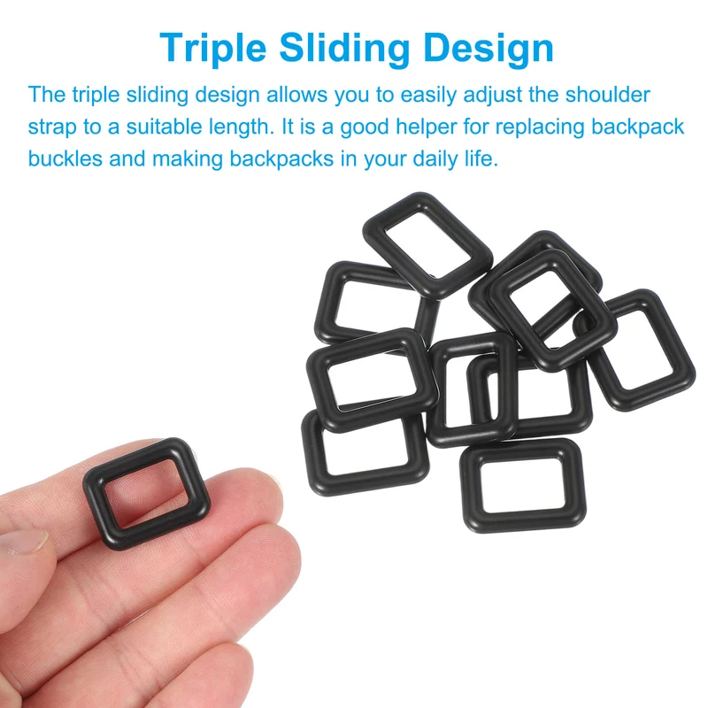 10 Pcs Metal Rectangle Rings Buckle, 16mm Slider Strap Fastener, Black