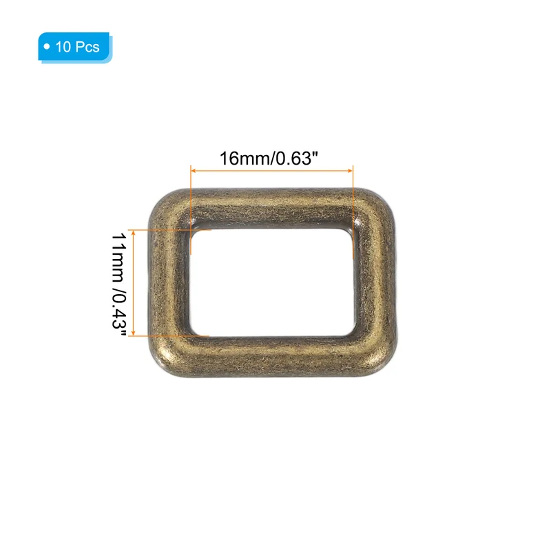 10 Pcs Metal Rectangle Rings Buckle, 16mm Slider Strap Fastener, Copper