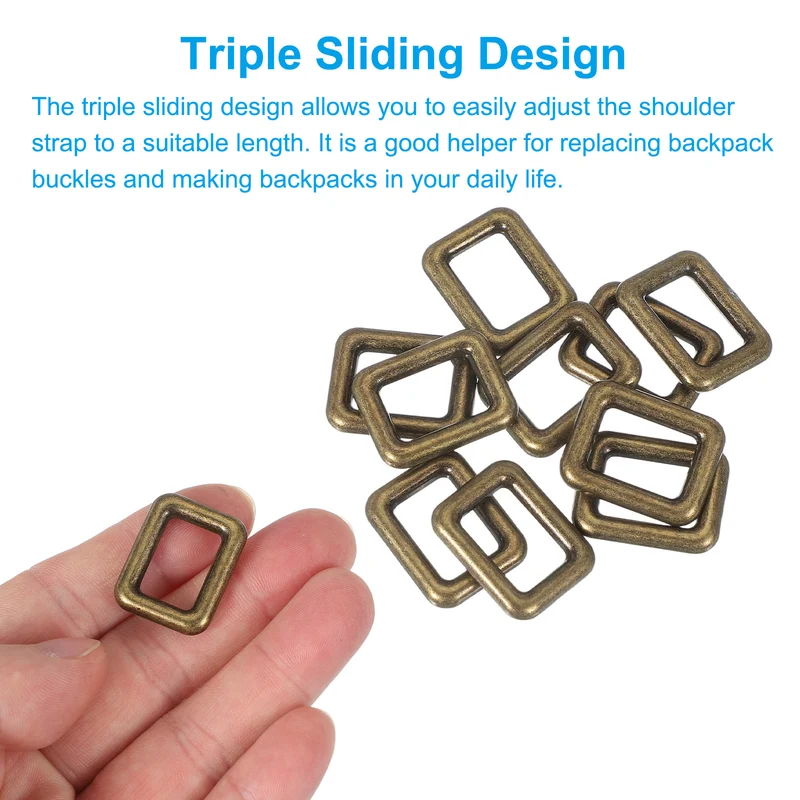 10 Pcs Metal Rectangle Rings Buckle, 16mm Slider Strap Fastener, Copper