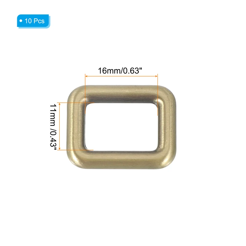 10 Pcs Metal Rectangle Rings Buckle, 16mm Slider Strap Fastener, Bronze