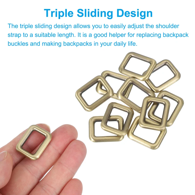 10 Pcs Metal Rectangle Rings Buckle, 16mm Slider Strap Fastener, Bronze