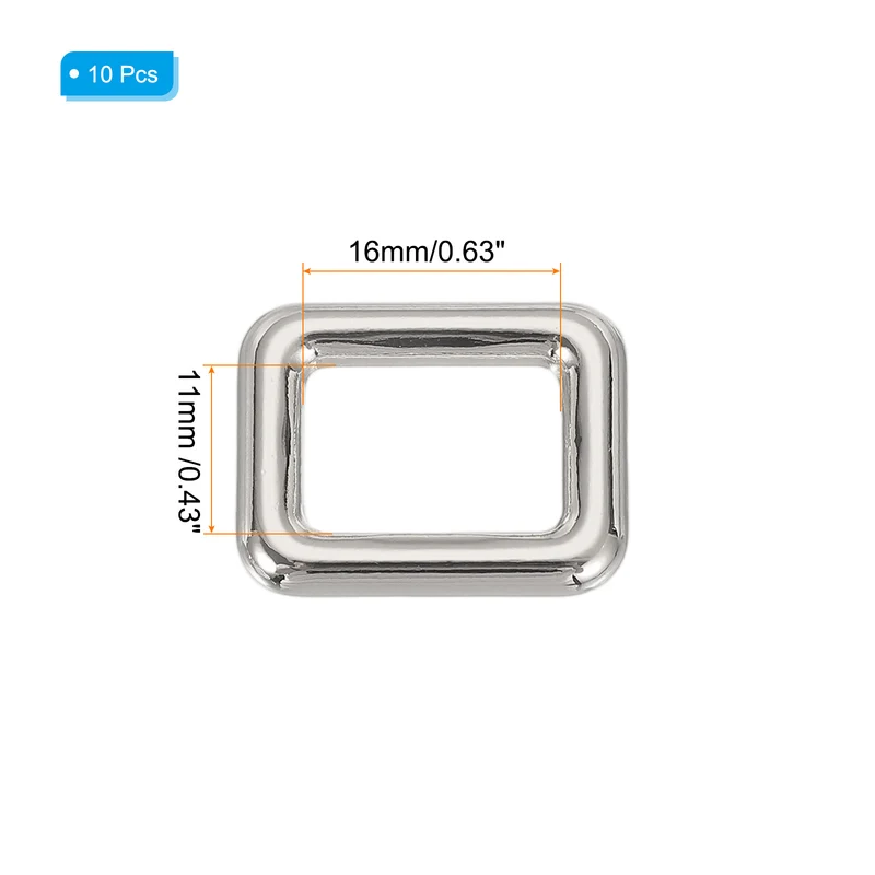 10 Pcs Metal Rectangle Rings Buckle, 16mm Slider Strap Fastener, Silver