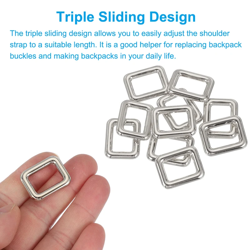 10 Pcs Metal Rectangle Rings Buckle, 16mm Slider Strap Fastener, Silver