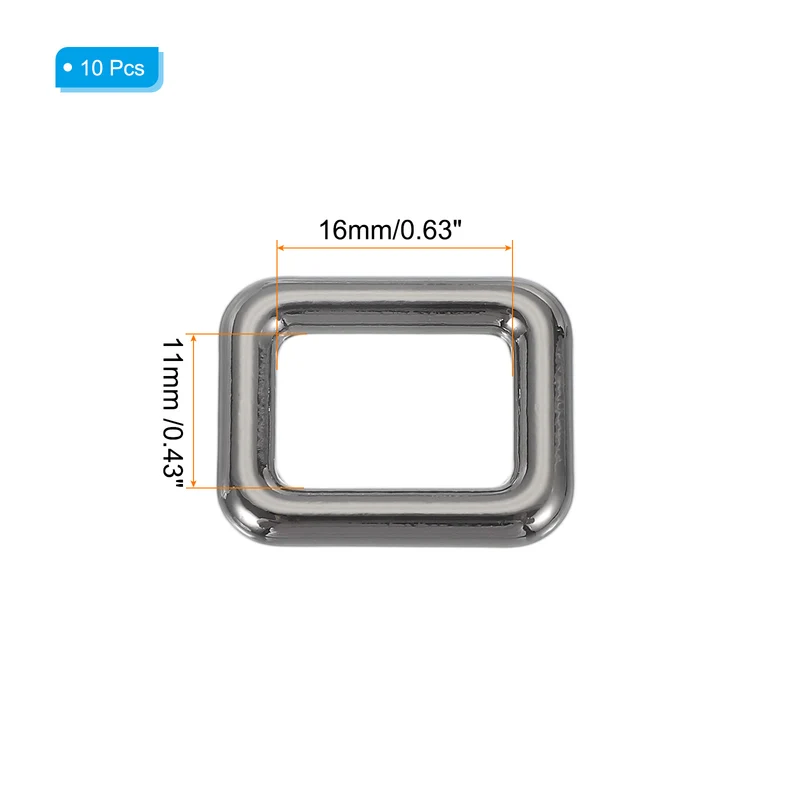 10 Pcs Metal Rectangle Rings Buckle, 16mm Slider Strap Fastener, Bright Black