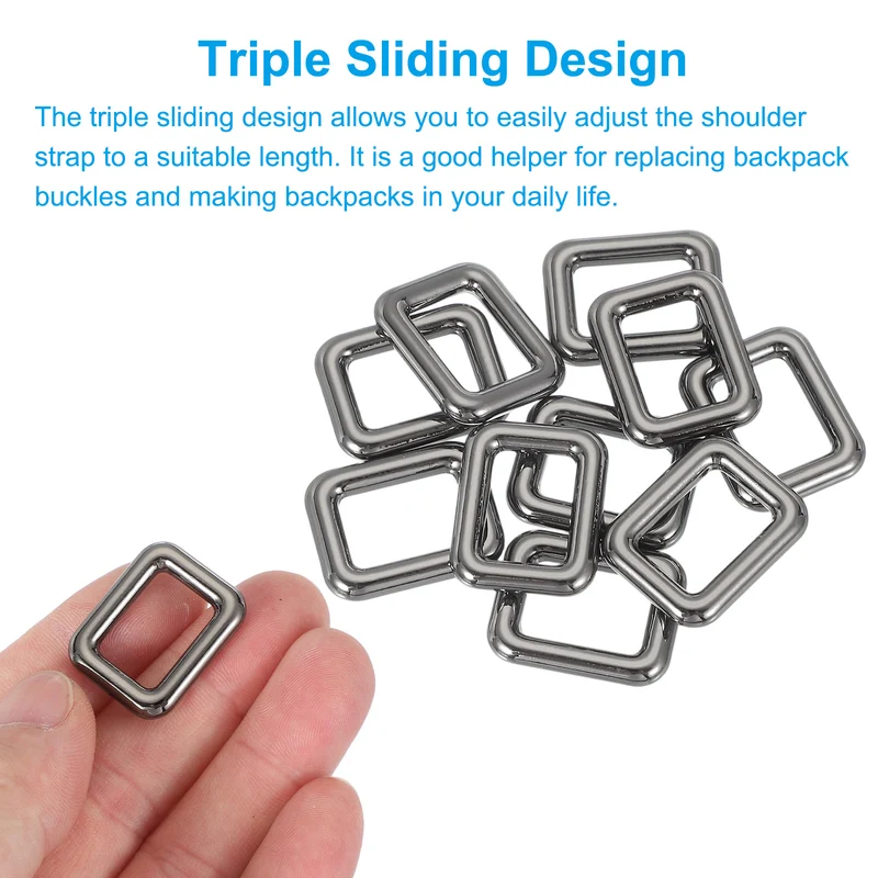 10 Pcs Metal Rectangle Rings Buckle, 16mm Slider Strap Fastener, Bright Black