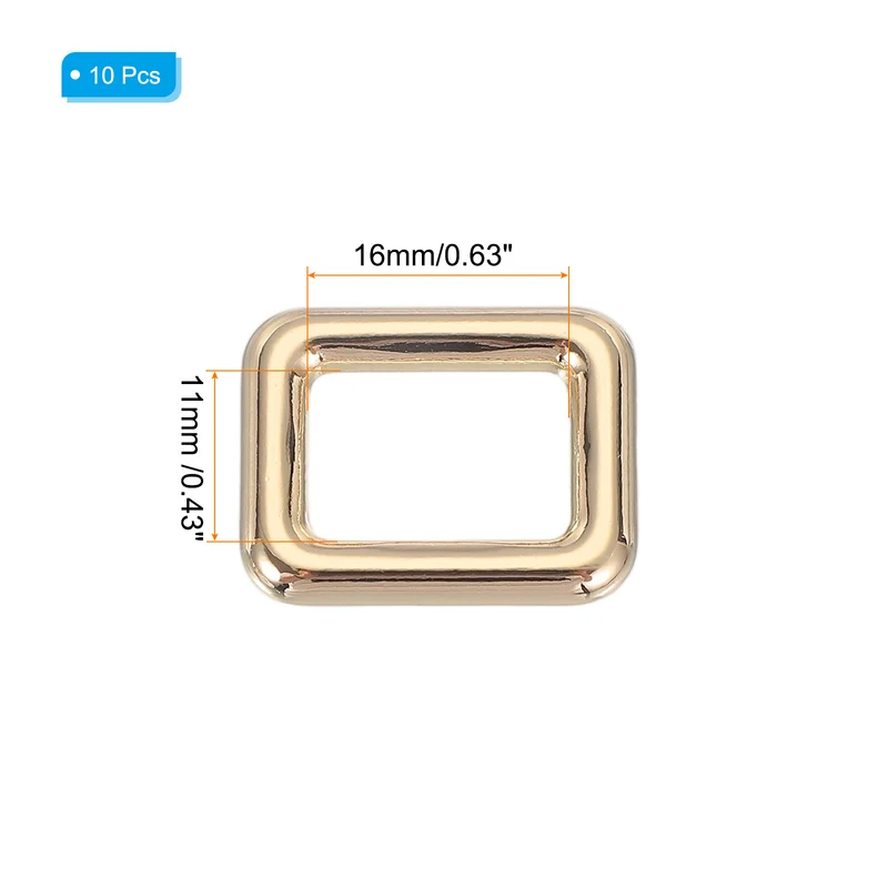 10 Pcs Metal Rectangle Rings Buckle, 16mm Slider Strap Fastener, Gold