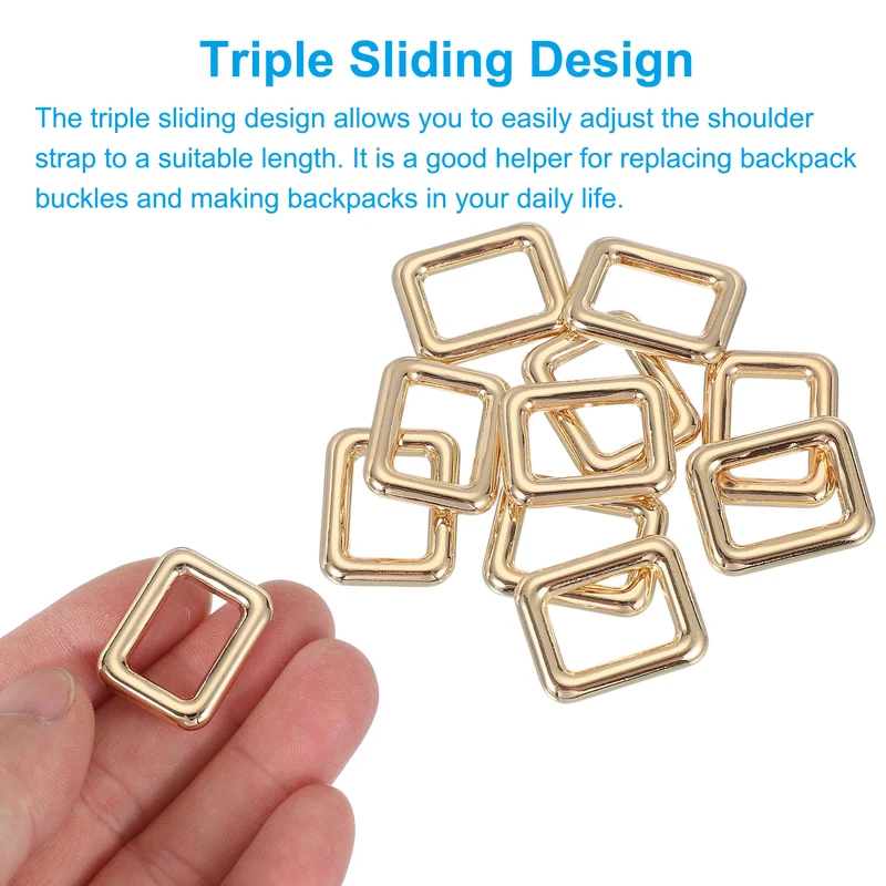 10 Pcs Metal Rectangle Rings Buckle, 16mm Slider Strap Fastener, Gold