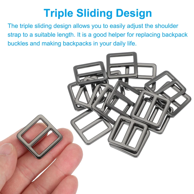 15 Pcs Metal Tri-glide Slide Buckle, 19mm Slider Strap Replacement, Bright Black