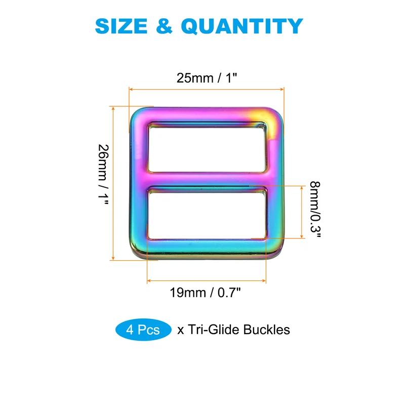 Flat Metal Slide Buckle, 4 Pcs Tri-glide Sliders Webbing Strap Belt Adjuster Strap Keeper Leathercraft DIY Bag Belt Purse Making, Rainbow
