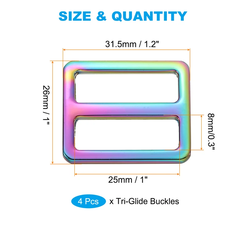 4 Pcs 1 Inch / 25mm Flat Metal Adjuster Belt Sliders Buckle Rainbow