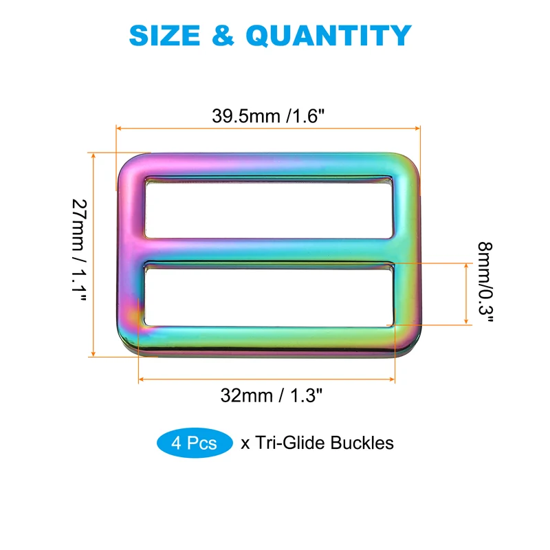 4 Pcs 1.3 Inch / 32mm Flat Metal Adjuster Belt Sliders Buckle Rainbow