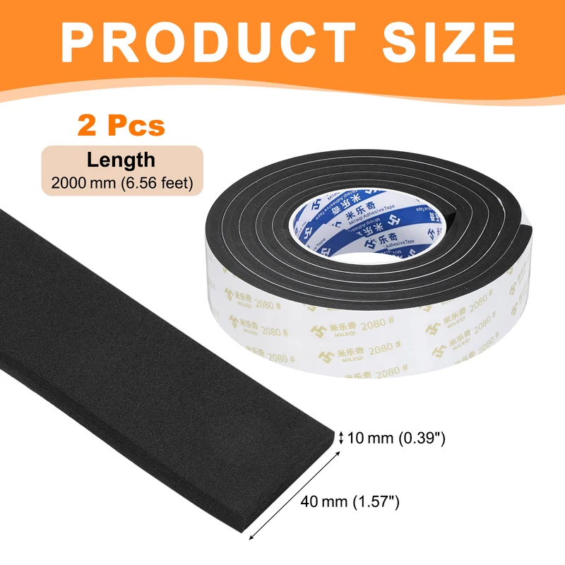 2Pcs 1-9/16" W x 3/8" t x 6.56ft l EVA Weather Stripping Foam Tape, Black