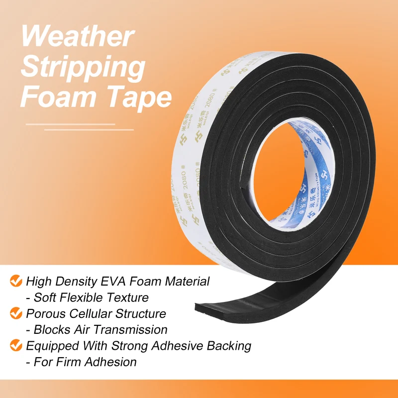 1-3/16" W x 3/8" t x 6.56ft l EVA Weather Stripping Foam Tape, Black