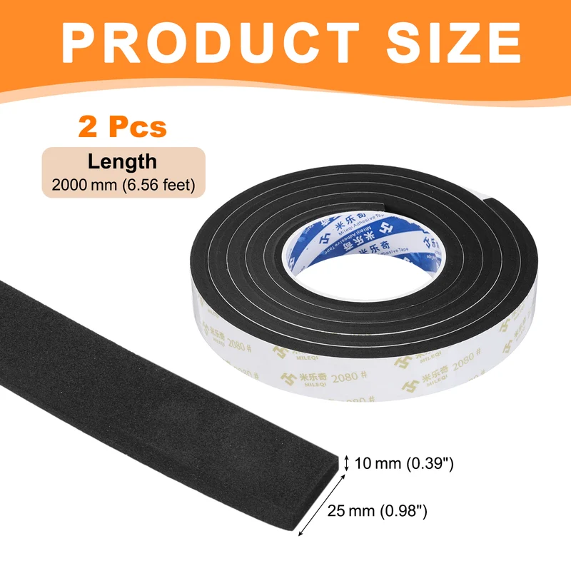 2Pcs 1" W x 3/8" t x 6.56ft l EVA Weather Stripping Foam Tape, Black