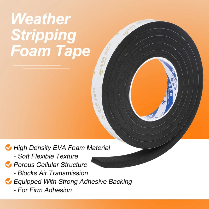 2Pcs 13/16" W x 3/8" t x 6.56ft l EVA Weather Stripping Foam Tape, Black