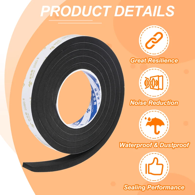 13/16" W x 3/8" t x 6.56ft l EVA Weather Stripping Foam Tape, Black