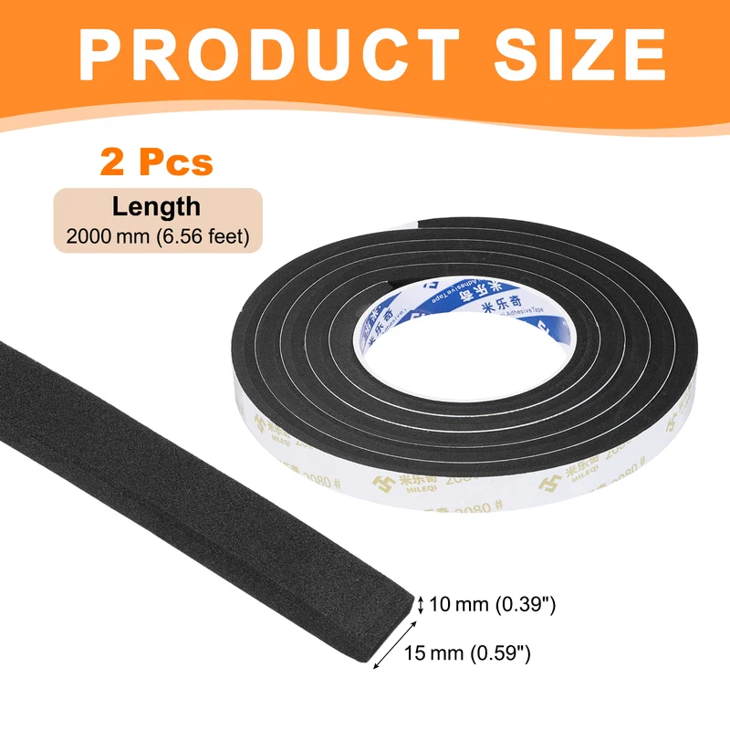 2Pcs 9/16" W x 3/8" t x 6.56ft l EVA Weather Stripping Foam Tape, Black
