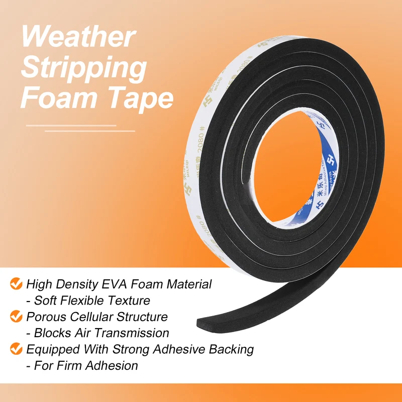 2Pcs 9/16" W x 3/8" t x 6.56ft l EVA Weather Stripping Foam Tape, Black