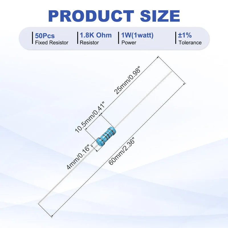 1.8K Ohm Resistor, 50Pcs 1W Metal Film Fixed Resistor 1% Tolerance