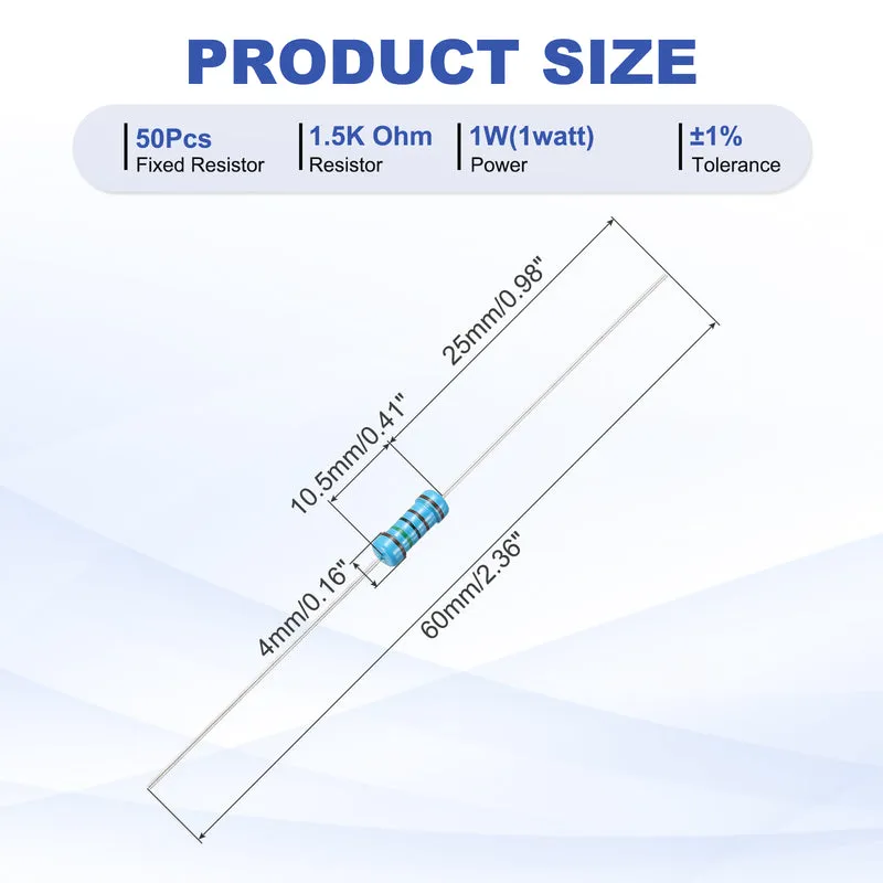 1.5K Ohm Resistor, 50Pcs 1W Metal Film Fixed Resistor 1% Tolerance